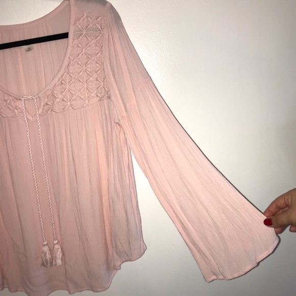 Boho Blush Pink Peasant Embroidered Blouse Soft Girl Cottagecore Tassel Top XS - Picture 4 of 9